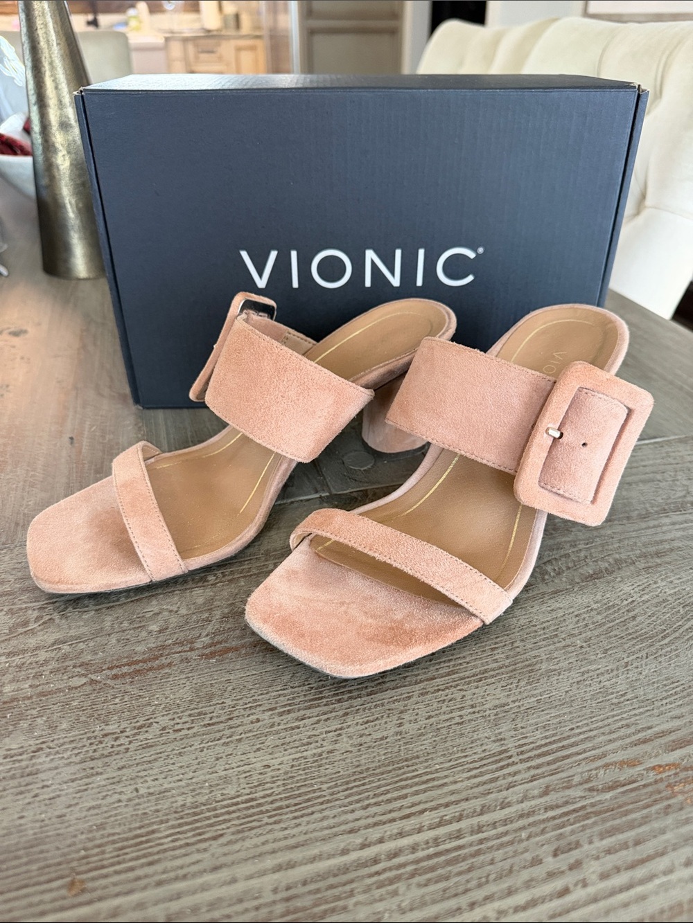 Vionic Women's Suede Brookell  Buckle Slide Sandals in Blush - Picture 3 of 15
